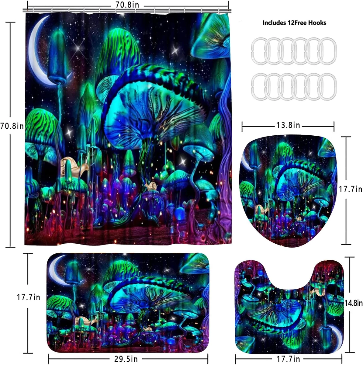 4PCS Mushroom Bathroom Shower Curtain Set with Rugs, Toilet Lid Cover and Bath M
