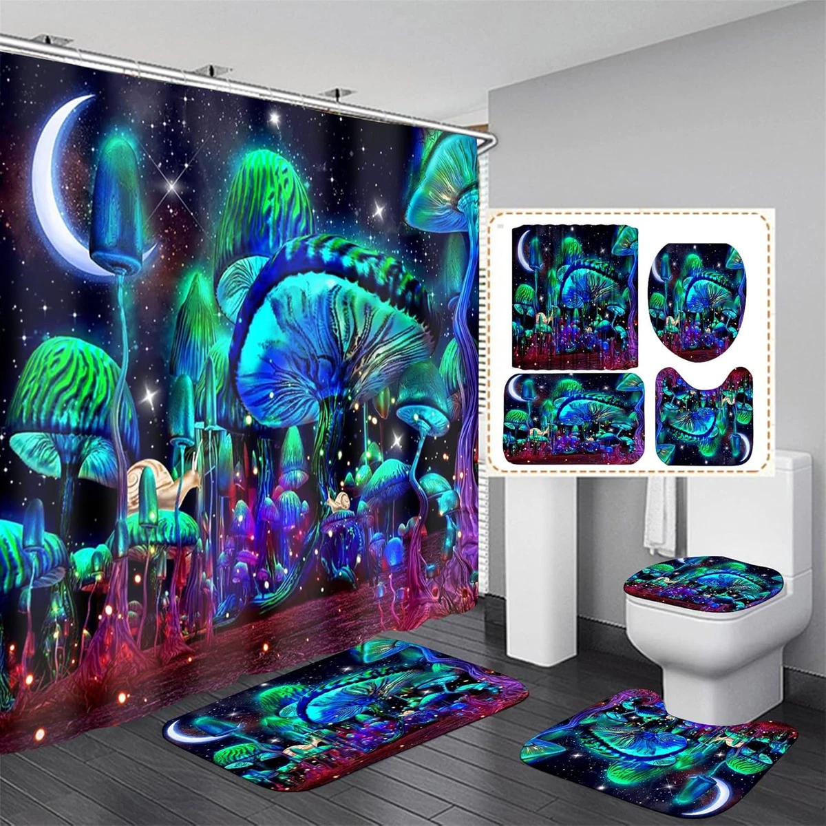 4PCS Mushroom Bathroom Shower Curtain Set with Rugs, Toilet Lid Cover and Bath M