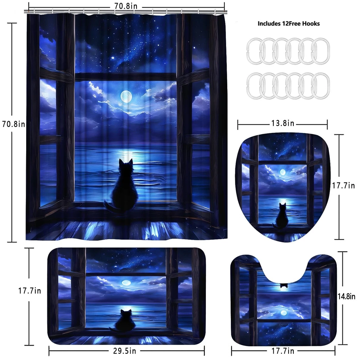 4Pcs Night Cat Shower Curtain Sets with Non-Slip Rugs, Toilet Lid Cover and B...