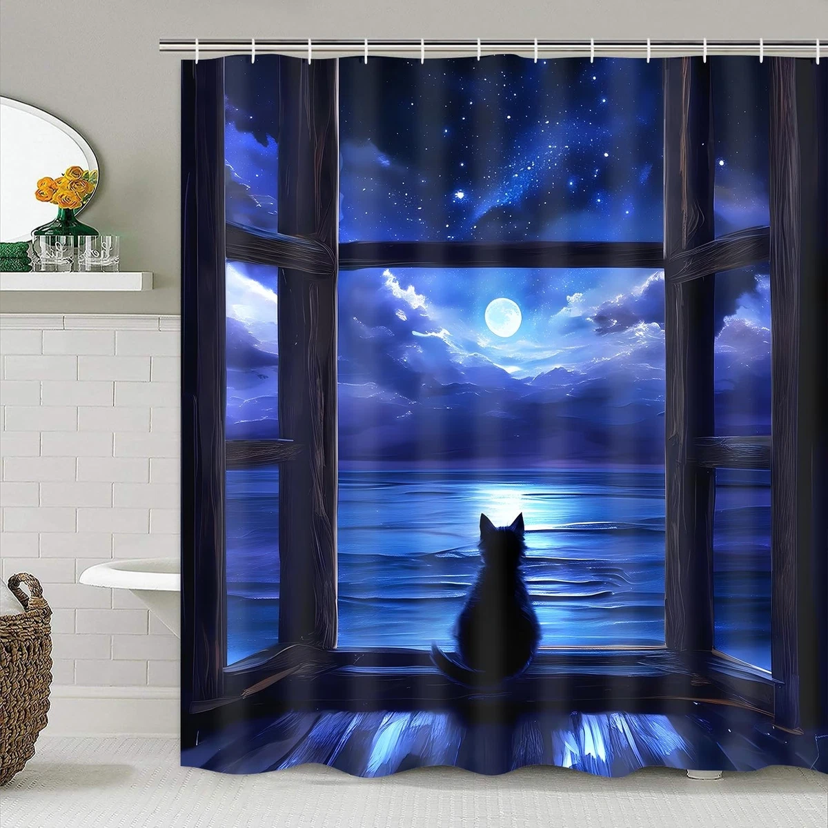 4Pcs Night Cat Shower Curtain Sets with Non-Slip Rugs, Toilet Lid Cover and B...