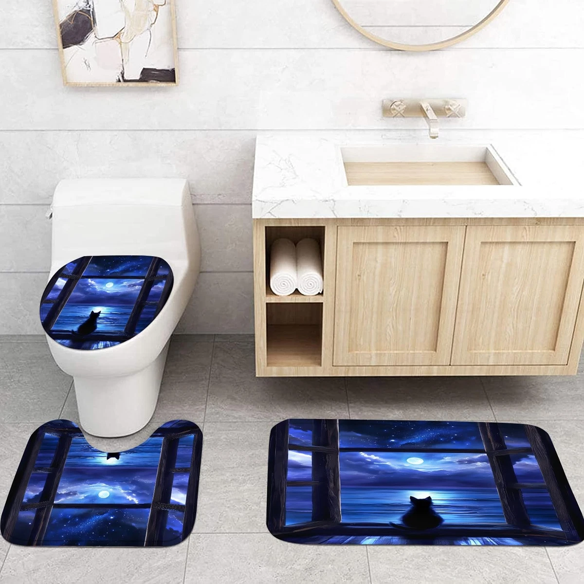4Pcs Night Cat Shower Curtain Sets with Non-Slip Rugs, Toilet Lid Cover and B...