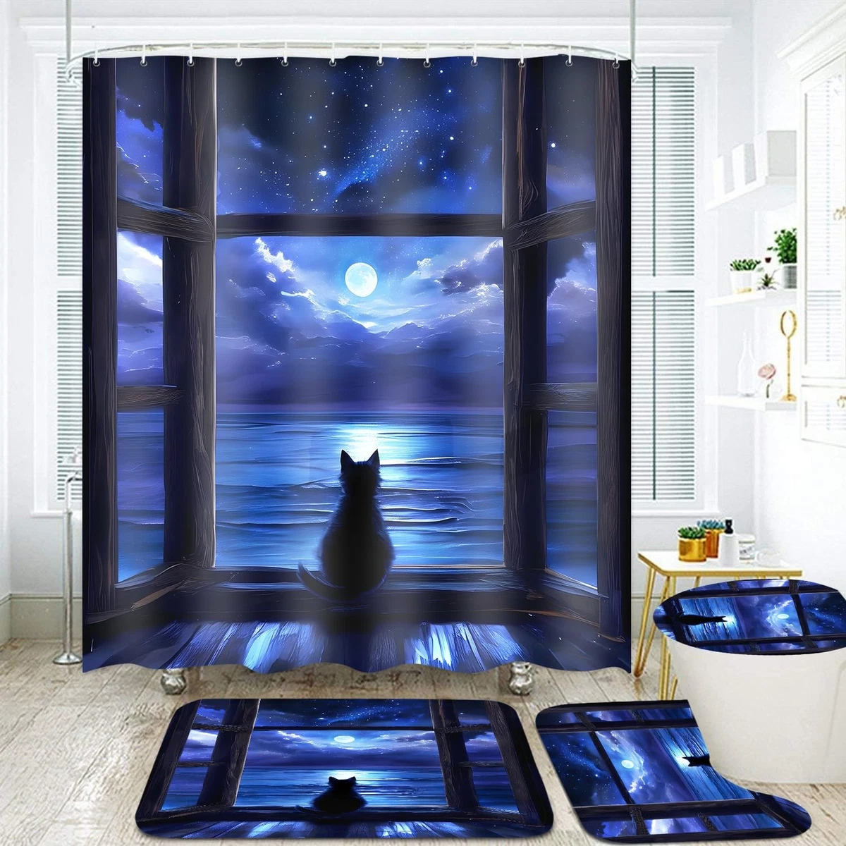4Pcs Night Cat Shower Curtain Sets with Non-Slip Rugs, Toilet Lid Cover and B...