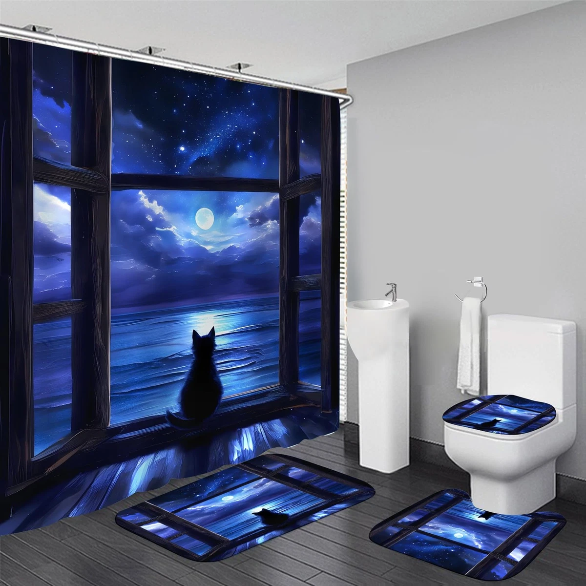 4Pcs Night Cat Shower Curtain Sets with Non-Slip Rugs, Toilet Lid Cover and B...