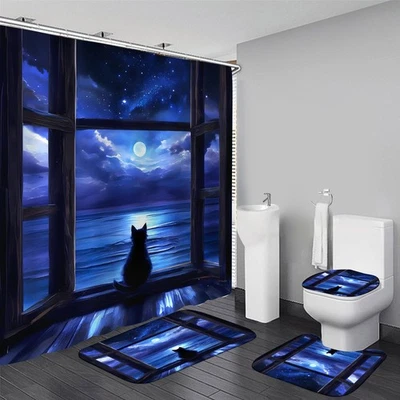 4Pcs Night Cat Shower Curtain Sets with Non-Slip Rugs, Toilet Lid Cover and B...