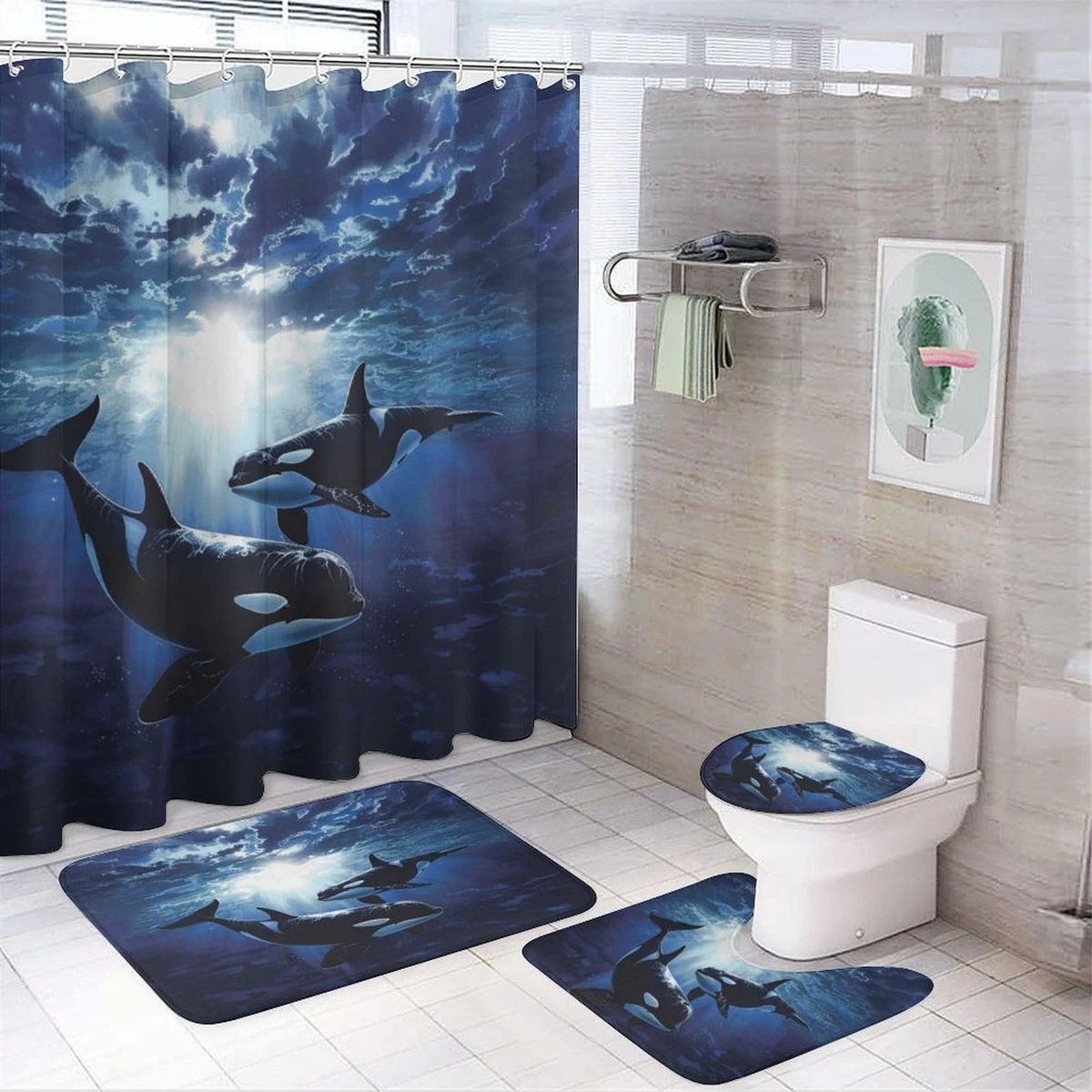 4Pcs Ocean Animal Shower Curtain Set, Funny Orca Whale, Toilet Lid Cover & Rugs,