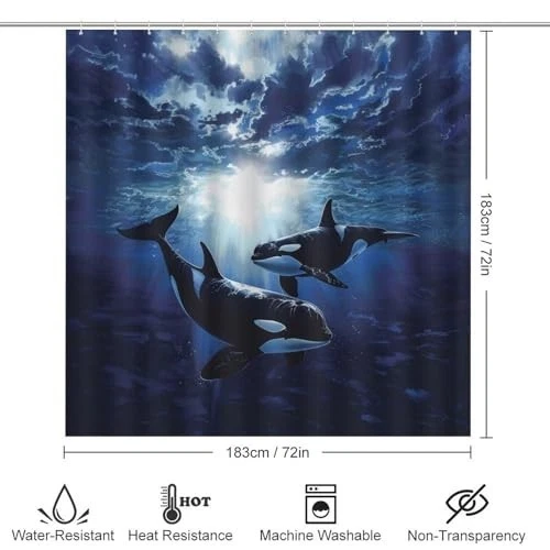 4Pcs Ocean Animal Shower Curtain Set, Funny Orca Whale, Toilet Lid Cover & Rugs,