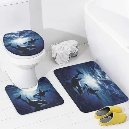 4Pcs Ocean Animal Shower Curtain Set, Funny Orca Whale, Toilet Lid Cover & Rugs,
