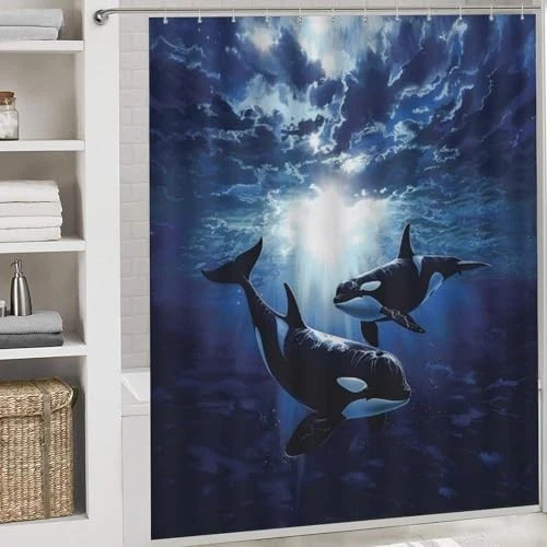 4Pcs Ocean Animal Shower Curtain Set, Funny Orca Whale, Toilet Lid Cover & Rugs,