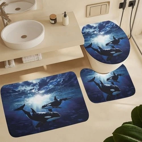4Pcs Ocean Animal Shower Curtain Set, Funny Orca Whale, Toilet Lid Cover & Rugs,
