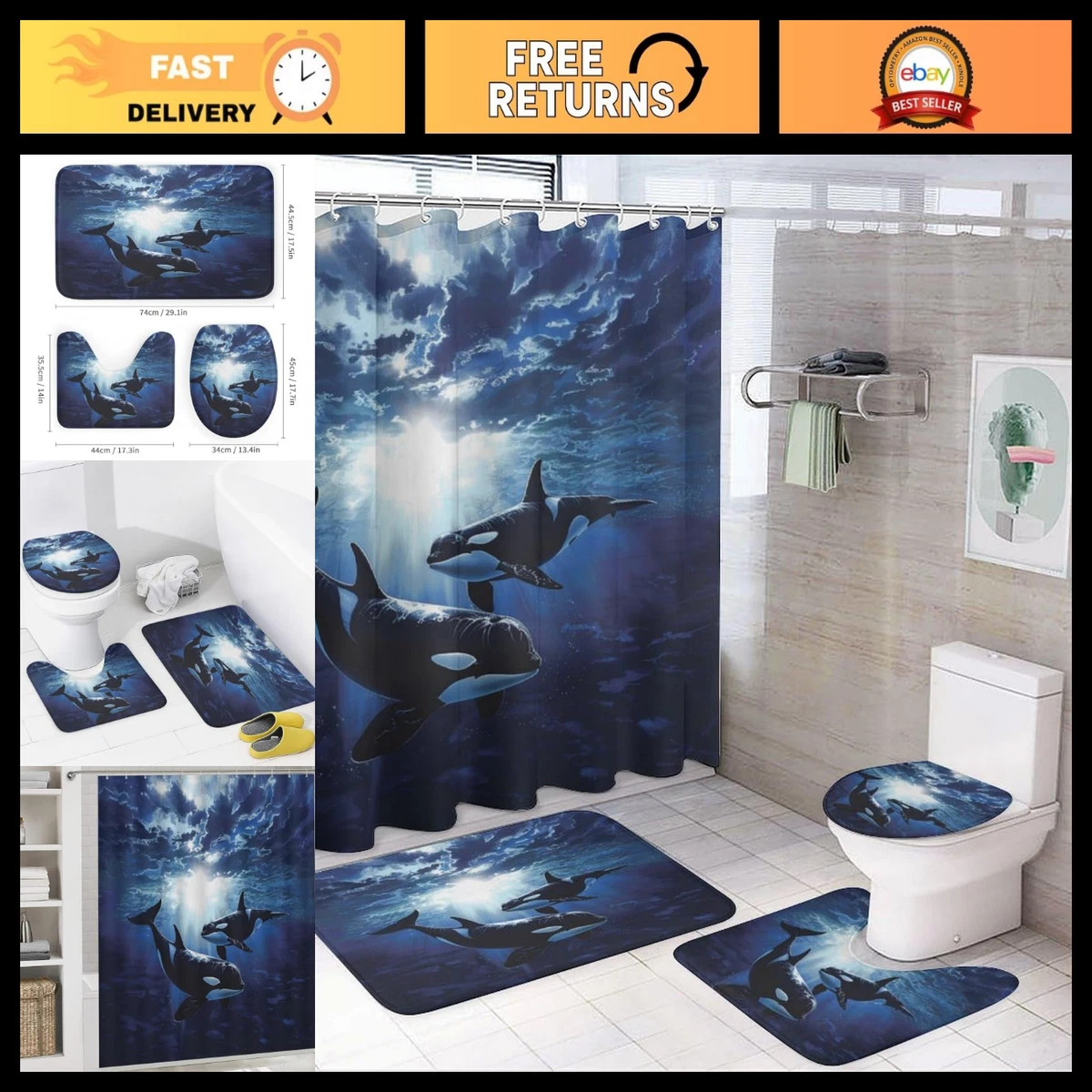 4Pcs Ocean Animal Shower Curtain Set, Funny Orca Whale, Toilet Lid Cover & Rugs,