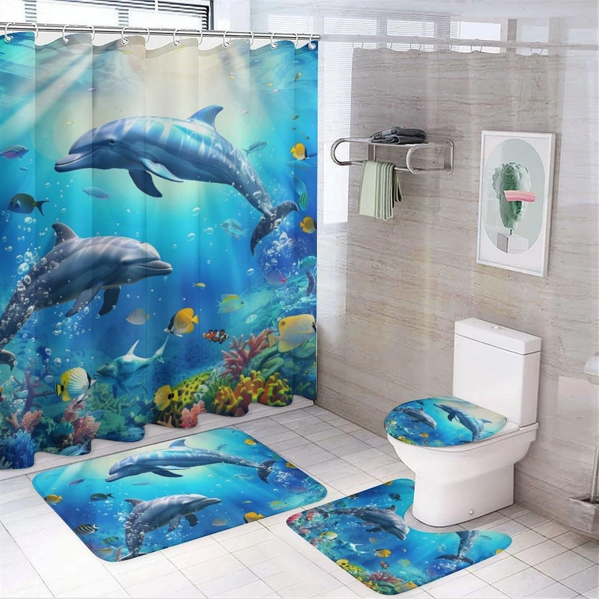 4Pcs Ocean Dolphin Shower Curtain Set, Non-Slip Bath Rug & Toilet Lid Cover, 72"
