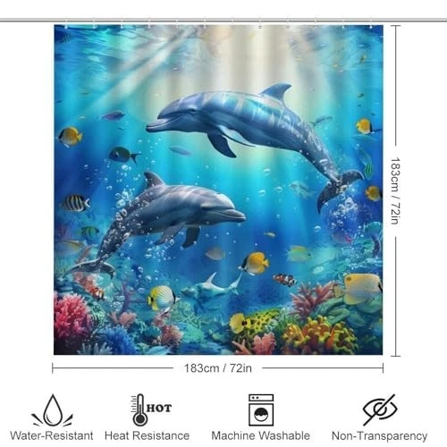 4Pcs Ocean Dolphin Shower Curtain Set, Non-Slip Bath Rug & Toilet Lid Cover, 72"