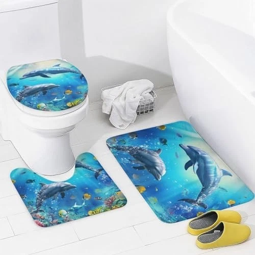 4Pcs Ocean Dolphin Shower Curtain Set, Non-Slip Bath Rug & Toilet Lid Cover, 72"