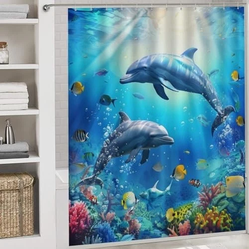 4Pcs Ocean Dolphin Shower Curtain Set, Non-Slip Bath Rug & Toilet Lid Cover, 72"