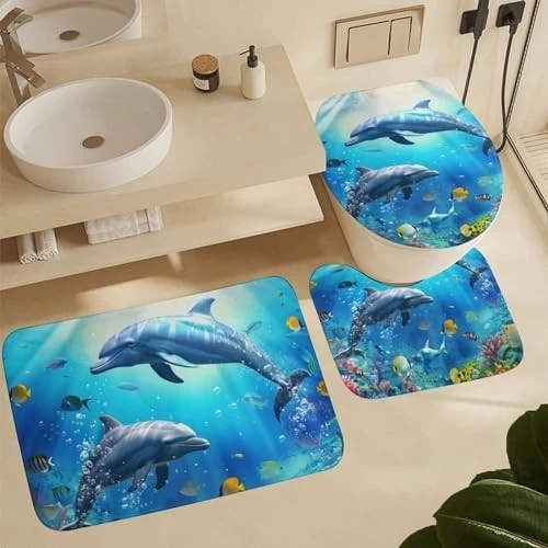 4Pcs Ocean Dolphin Shower Curtain Set, Non-Slip Bath Rug & Toilet Lid Cover, 72"