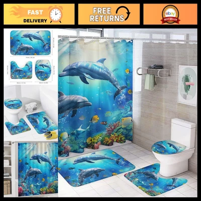 4Pcs Ocean Dolphin Shower Curtain Set, Non-Slip Bath Rug & Toilet Lid Cover, 72"
