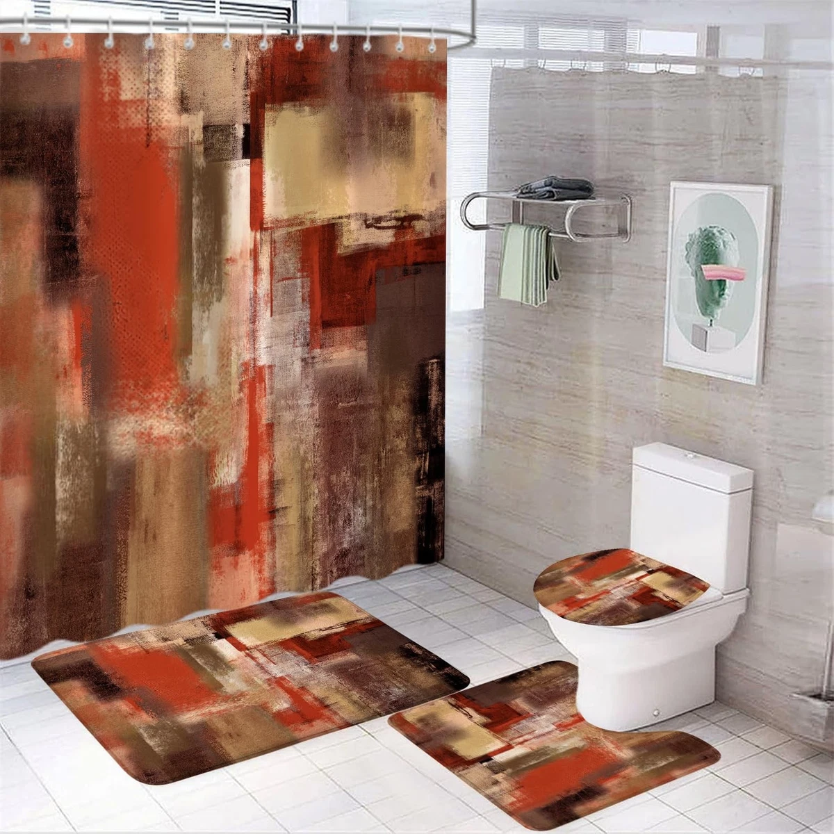 4Pcs Orange Abstract Shower Curtain Sets Non-Slip Bath Rugs, Toilet Lid Cover...
