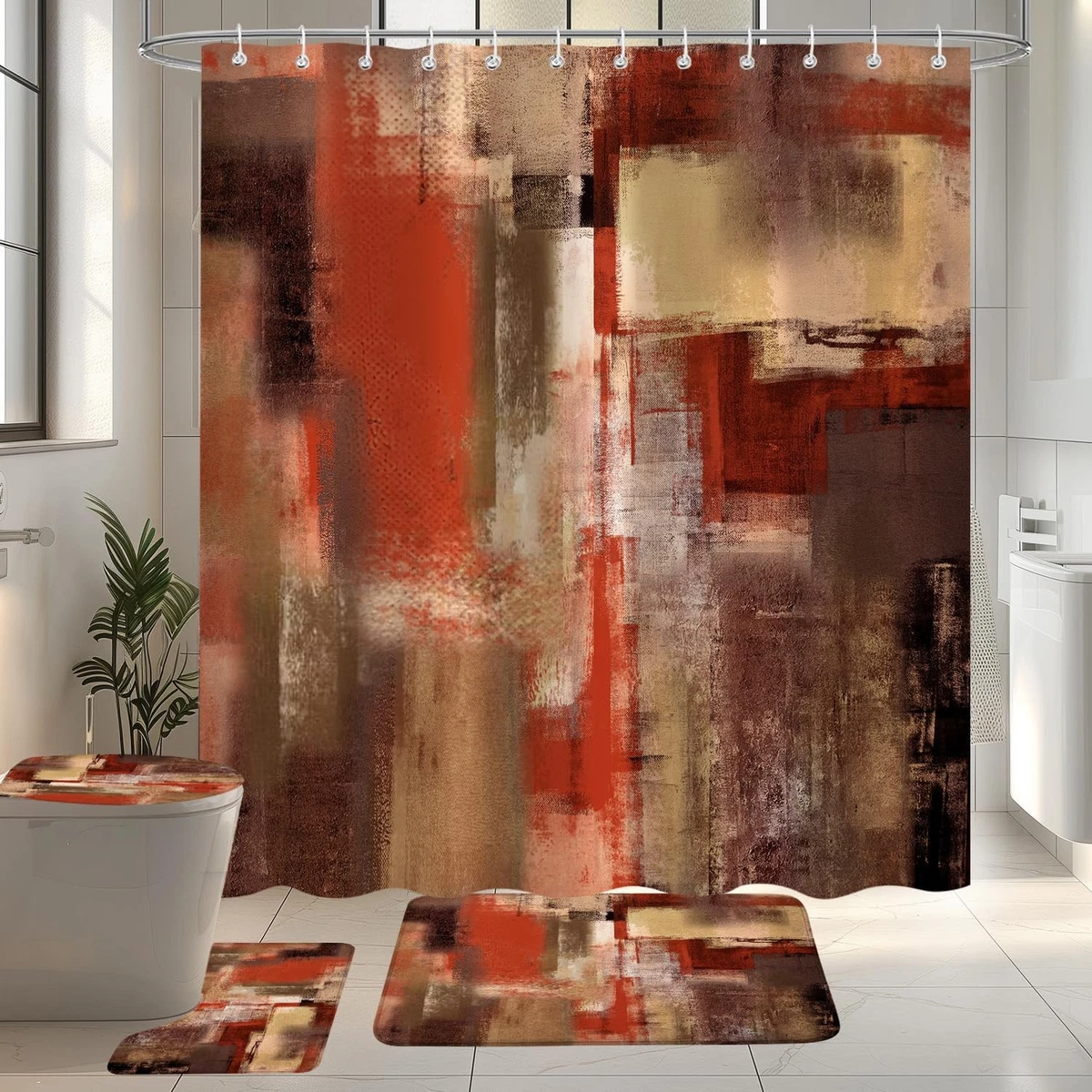 4Pcs Orange Abstract Shower Curtain Sets Non-Slip Bath Rugs, Toilet Lid Cover...
