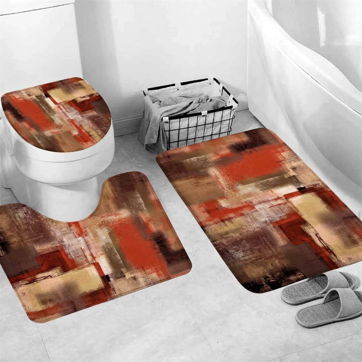 4Pcs Orange Abstract Shower Curtain Sets Non-Slip Bath Rugs, Toilet Lid Cover...