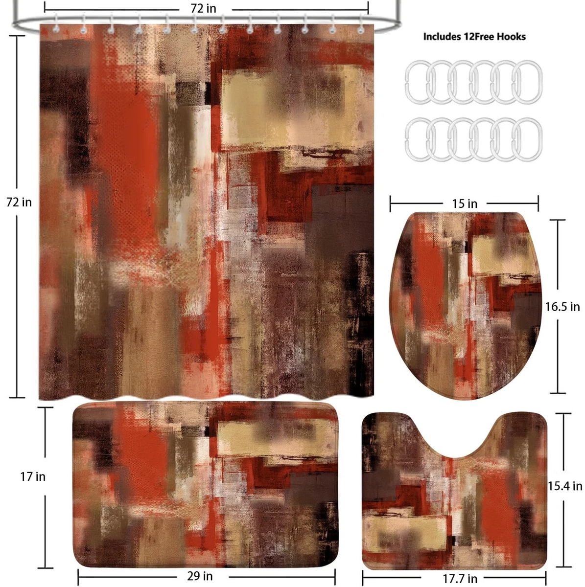 4Pcs Orange Abstract Shower Curtain Sets Non-Slip Bath Rugs, Toilet Lid Cover...