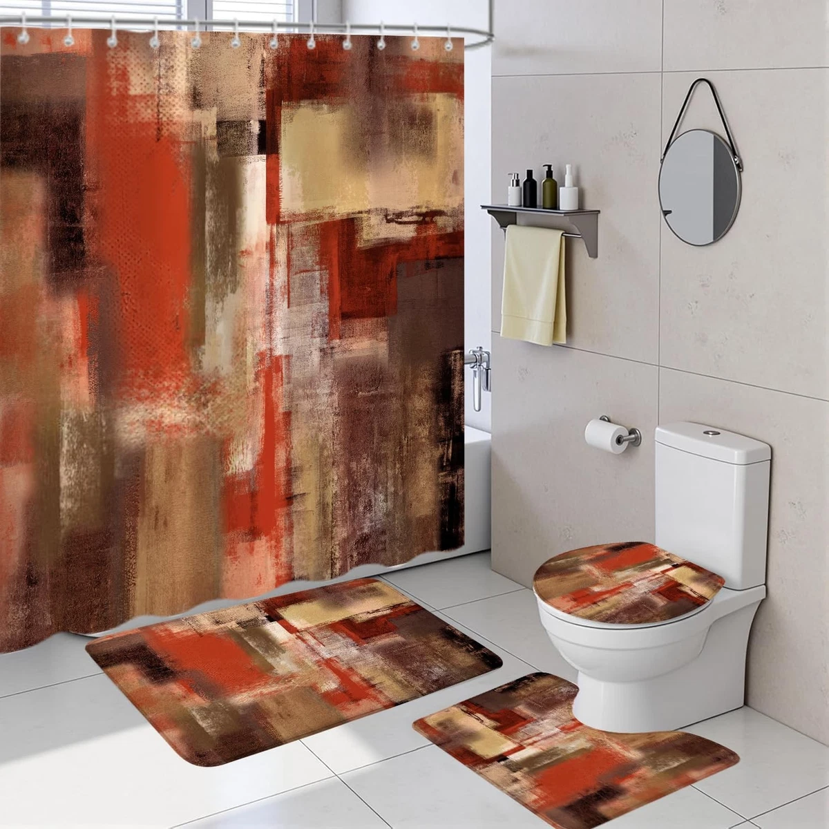 4Pcs Orange Abstract Shower Curtain Sets Non-Slip Bath Rugs, Toilet Lid Cover...