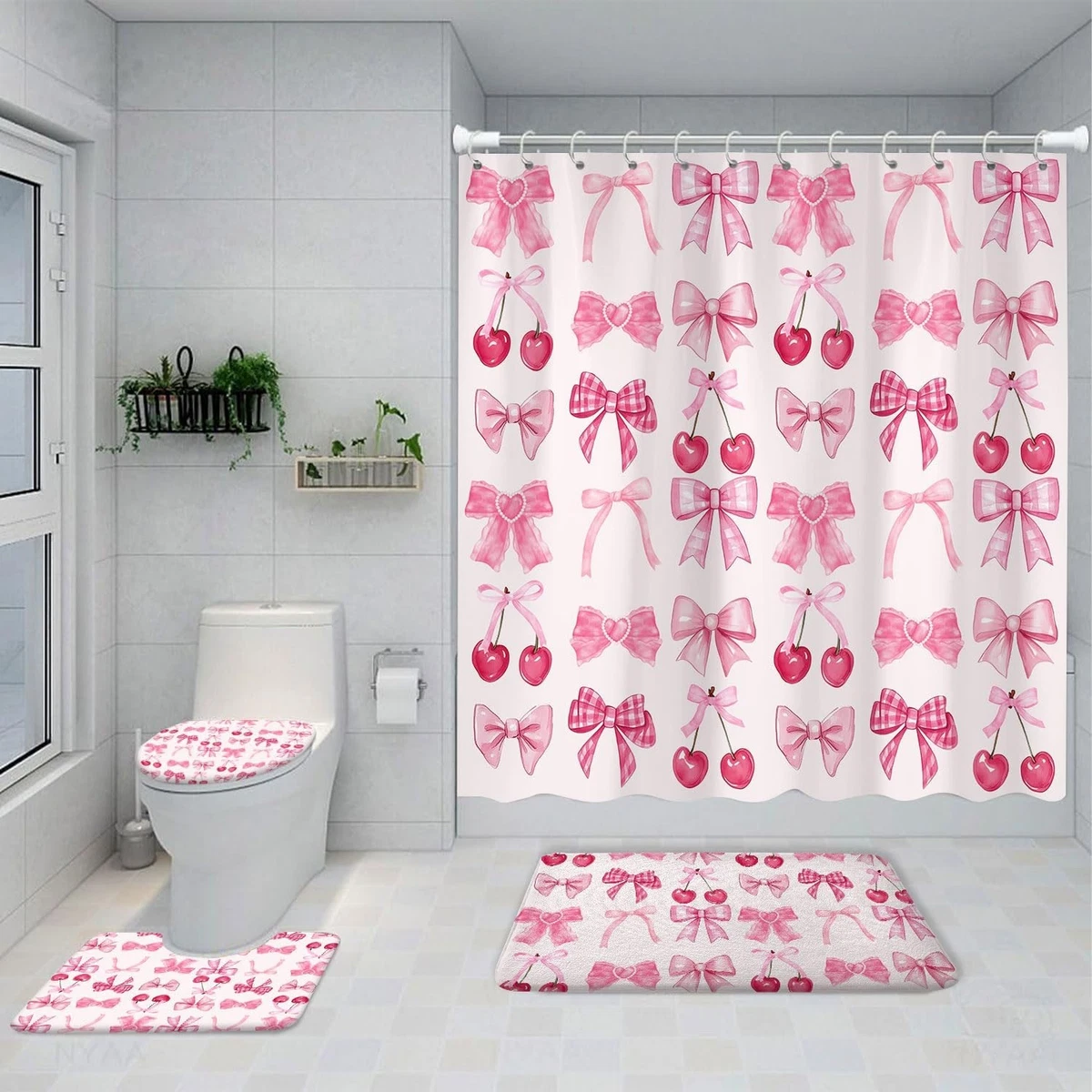4PCS Pink Bow Shower Curtain Set with Non-Slip Rugs & Toilet Lid Cover, Cute Che