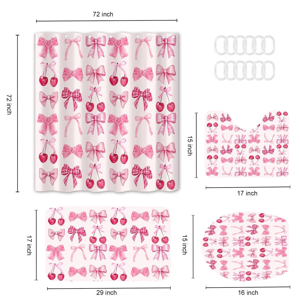4PCS Pink Bow Shower Curtain Set with Non-Slip Rugs & Toilet Lid Cover, Cute Che