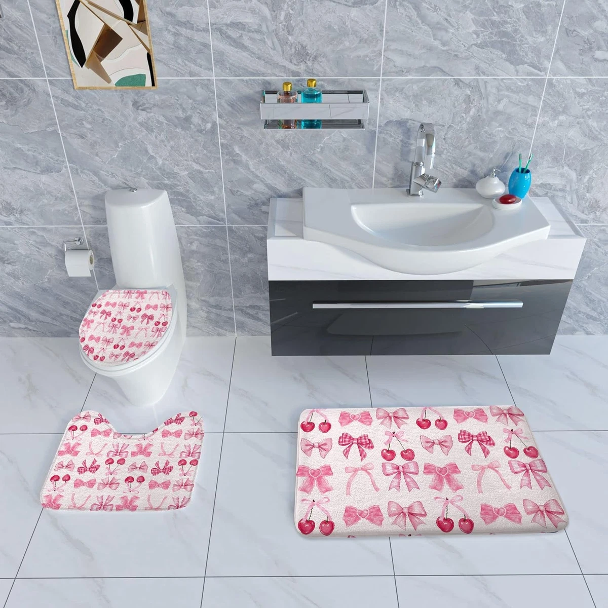4PCS Pink Bow Shower Curtain Set with Non-Slip Rugs & Toilet Lid Cover, Cute Che