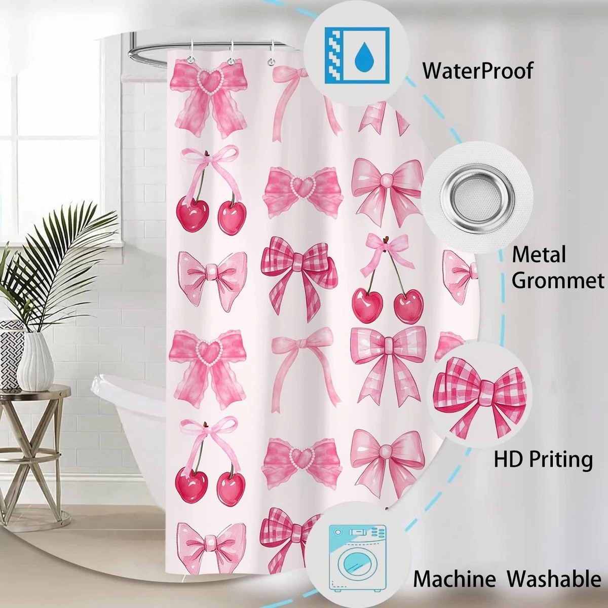 4PCS Pink Bow Shower Curtain Set with Non-Slip Rugs & Toilet Lid Cover, Cute Che