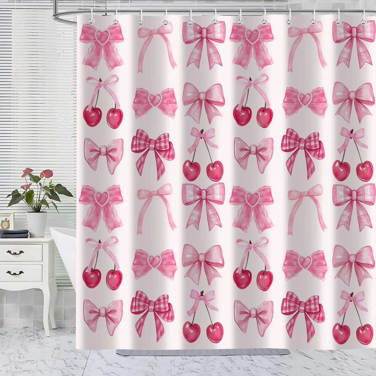 4PCS Pink Bow Shower Curtain Set with Non-Slip Rugs & Toilet Lid Cover, Cute Che