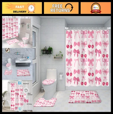 4PCS Pink Bow Shower Curtain Set with Non-Slip Rugs & Toilet Lid Cover, Cute Che