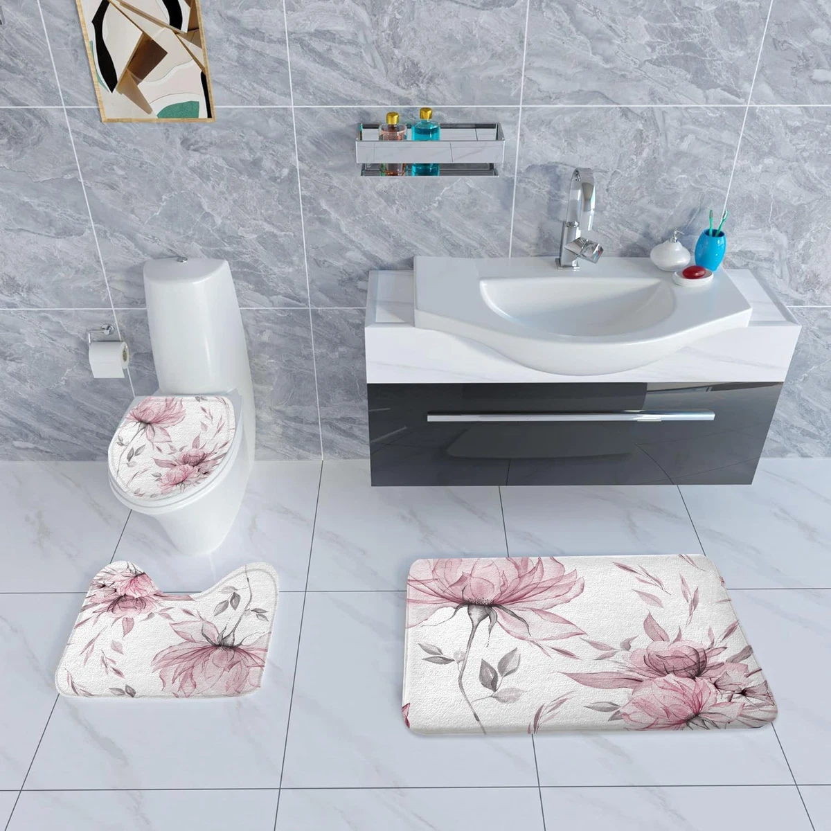 4PCS Pink Grey Floral Shower Curtain Set with Rugs, Lid Cover and Bath Mat, B...