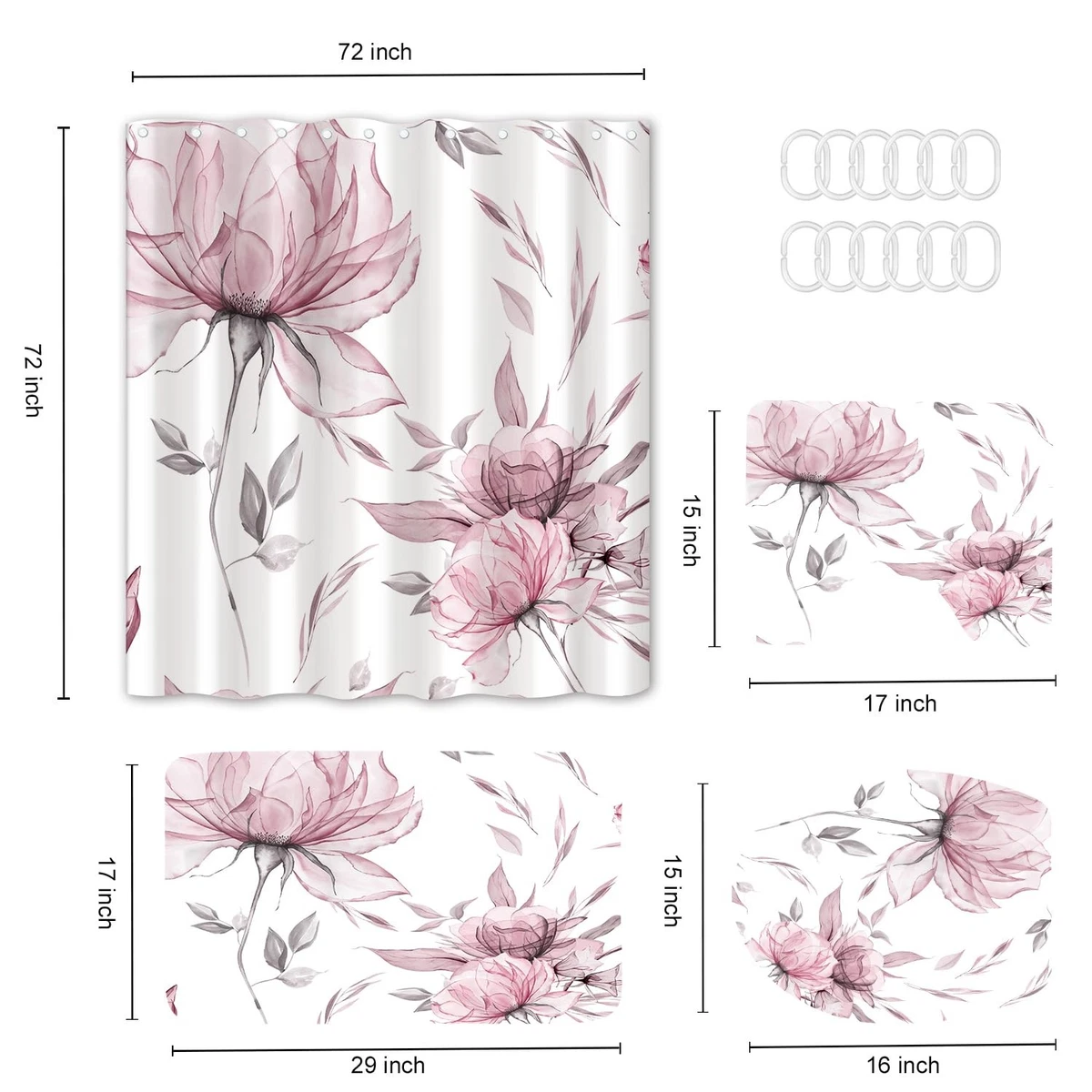 4PCS Pink Grey Floral Shower Curtain Set with Rugs, Lid Cover and Bath Mat, B...