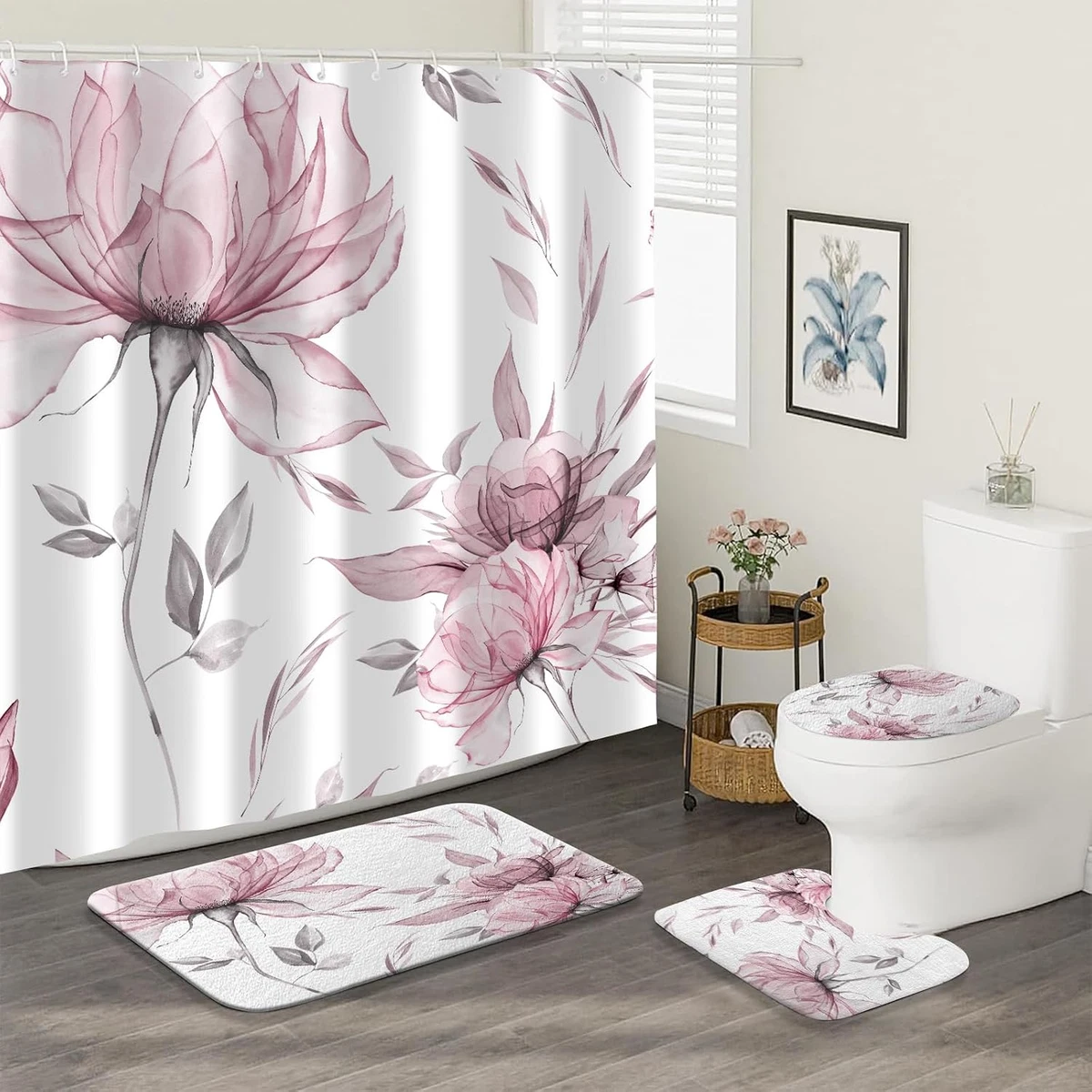 4PCS Pink Grey Watercolor Floral Shower Curtain Set with Rugs, Toilet Lid Cover