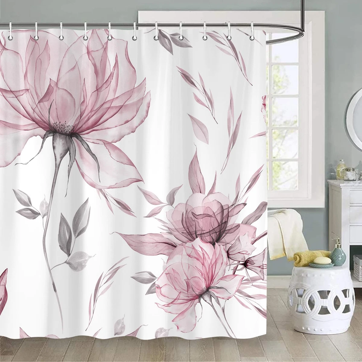 4PCS Pink Grey Watercolor Floral Shower Curtain Set with Rugs, Toilet Lid Cover