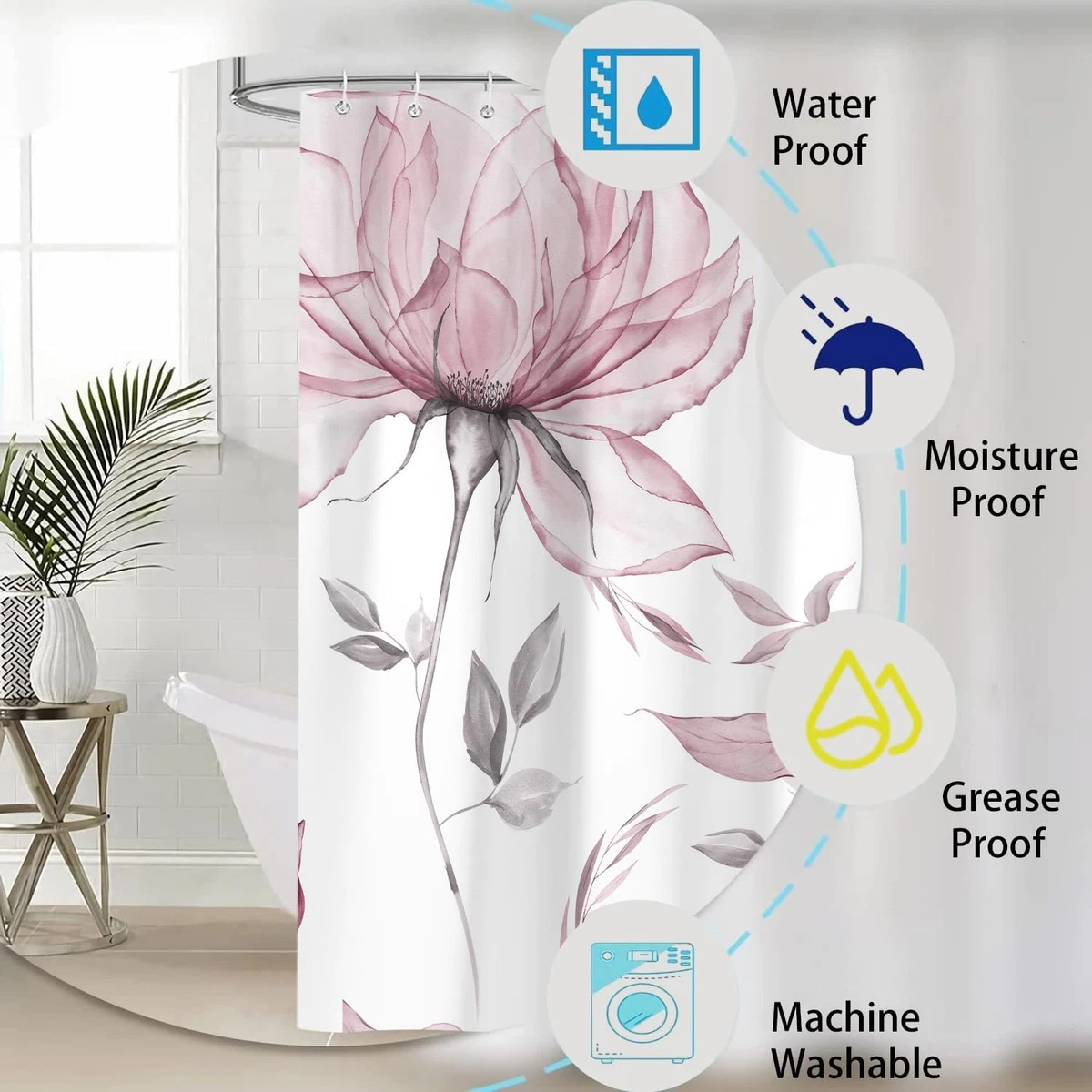 4PCS Pink Grey Watercolor Floral Shower Curtain Set with Rugs, Toilet Lid Cover