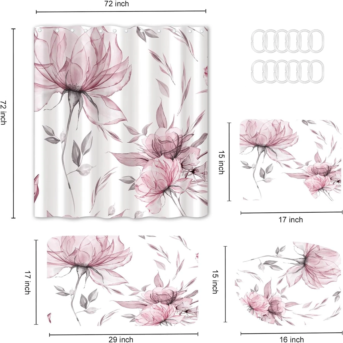 4PCS Pink Grey Watercolor Floral Shower Curtain Set with Rugs, Toilet Lid Cover