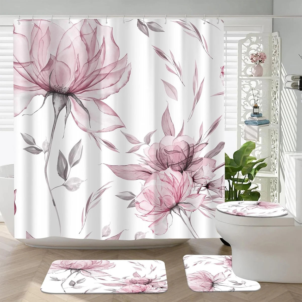 4PCS Pink Grey Watercolor Floral Shower Curtain Set with Rugs, Toilet Lid Cover