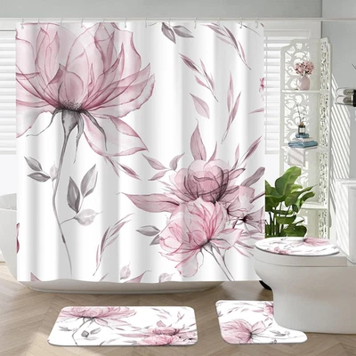 4PCS Pink Grey Watercolor Floral Shower Curtain Set with Rugs, Toilet Lid Cover
