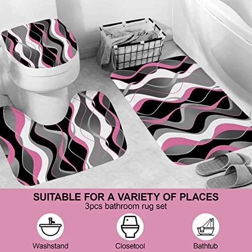 4Pcs Pink Shower Curtain Set with Non-Slip Rugs, Bath Mat & Toilet Lid Cover, Wa