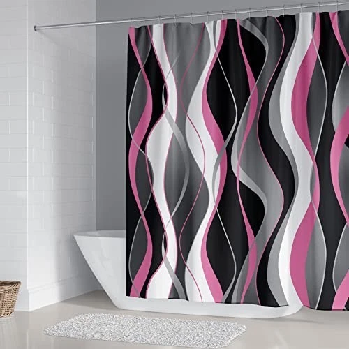 4Pcs Pink Shower Curtain Set with Non-Slip Rugs, Bath Mat & Toilet Lid Cover, Wa