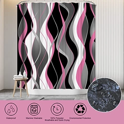 4Pcs Pink Shower Curtain Set with Non-Slip Rugs, Bath Mat & Toilet Lid Cover, Wa