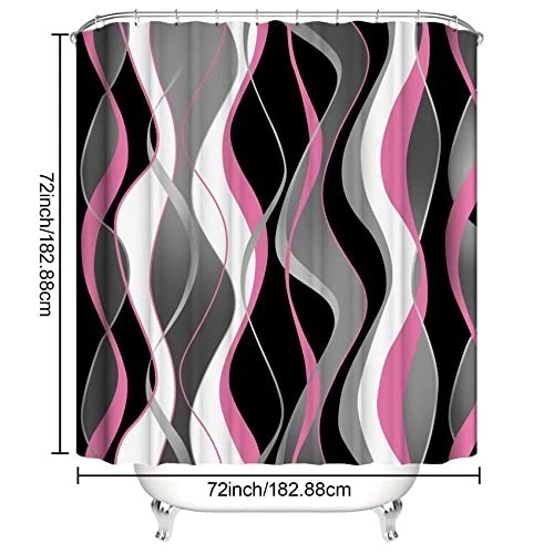 4Pcs Pink Shower Curtain Set with Non-Slip Rugs, Bath Mat & Toilet Lid Cover, Wa