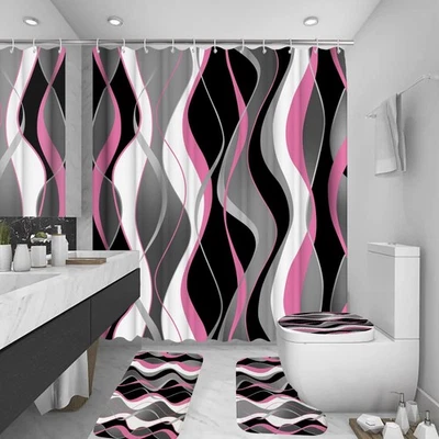 4Pcs Pink Shower Curtain Set with Non-Slip Rugs, Bath Mat & Toilet Lid Cover, Wa
