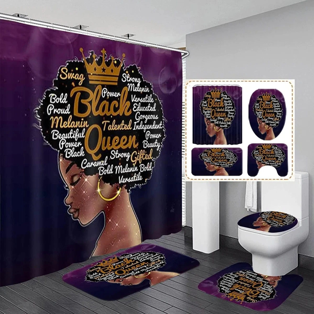 4PCS Praying Black Girl Shower Curtains for Bathroom with Rugs Toilet Lid Cover