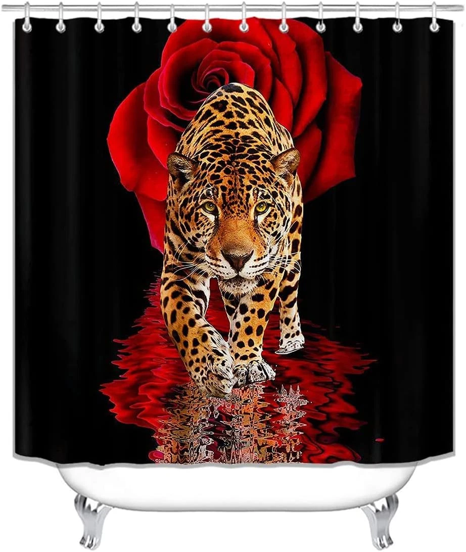 4PCS Red Rose and Leopard Shower Curtain Set with Rugs, Toilet Lid Cover and Bat