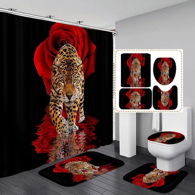 4PCS Red Rose and Leopard Shower Curtain Set with Rugs, Toilet Lid Cover and Bat