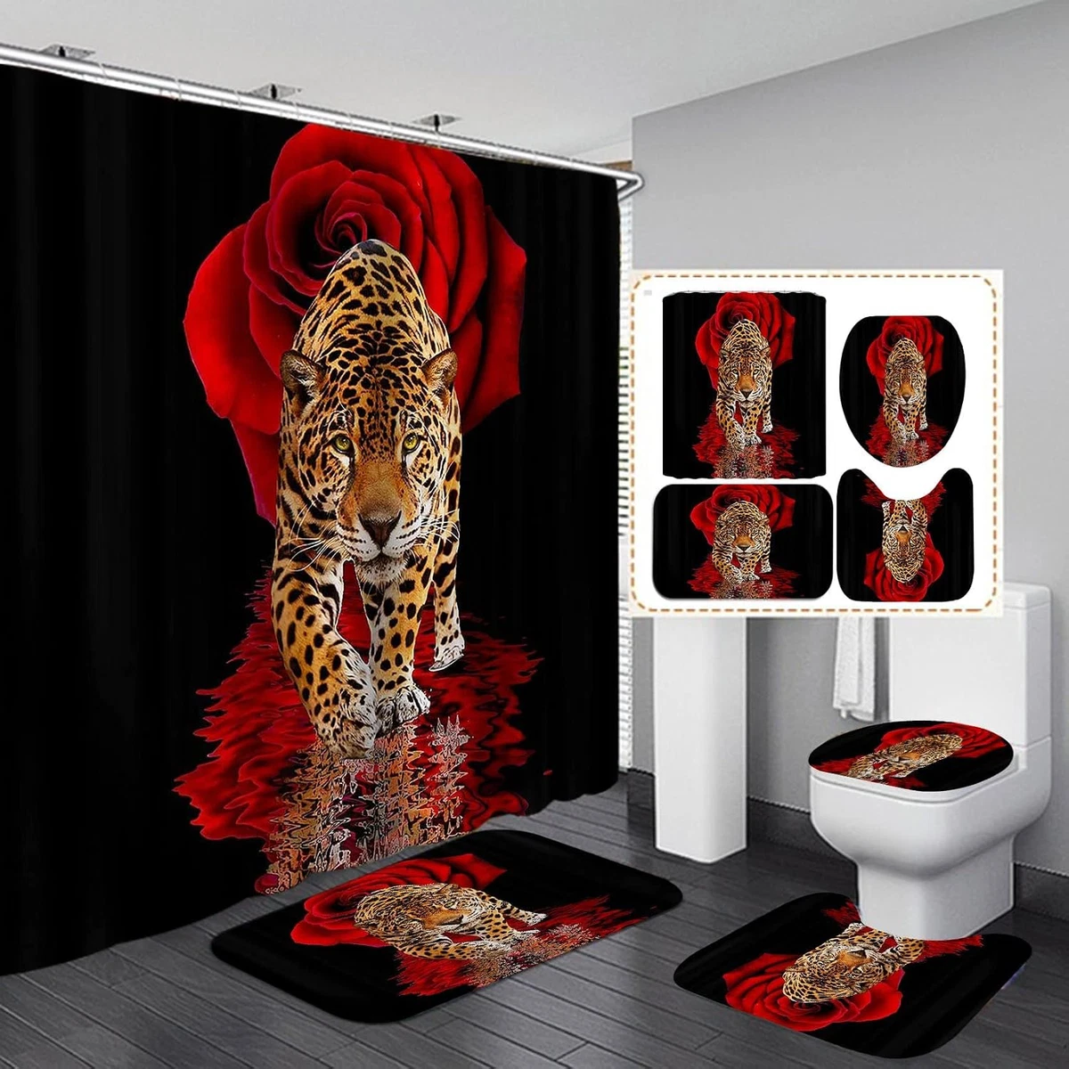 4PCS Red Rose and Leopard Shower Curtain Set with Rugs, Toilet Lid Cover