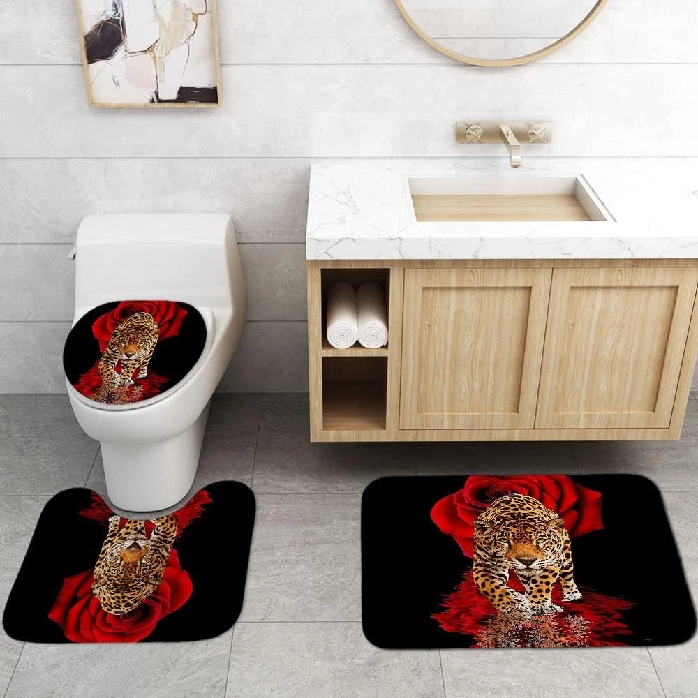 4PCS Red Rose and Leopard Shower Curtain Set with Rugs, Toilet Lid Cover