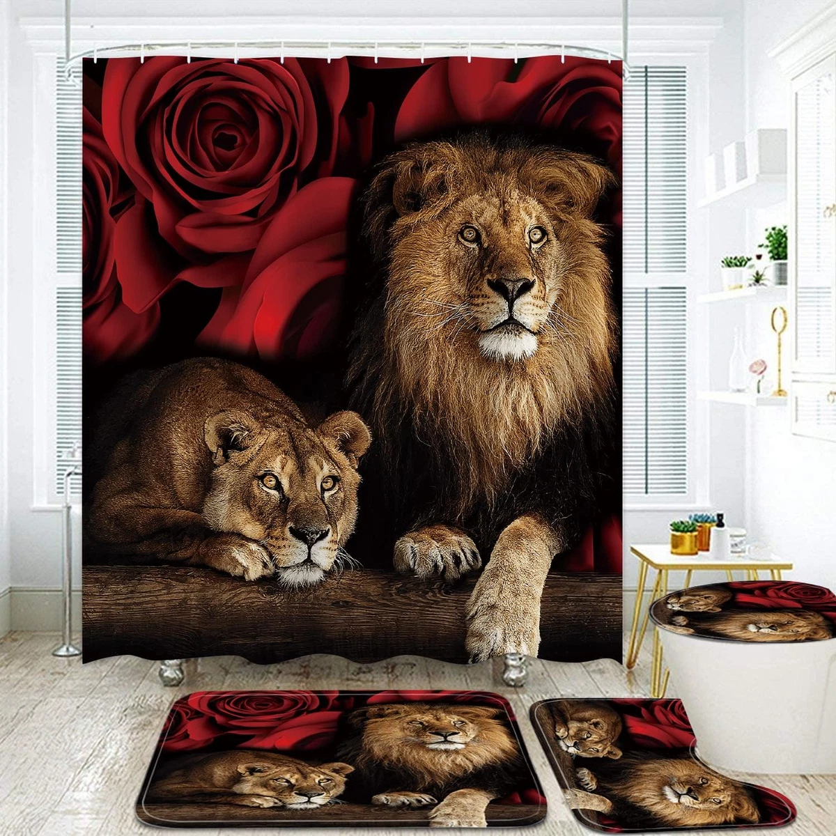 4PCS Red Rose and Lion Shower Curtain Bathroom Set with Rugs, Toilet Lid Cover a